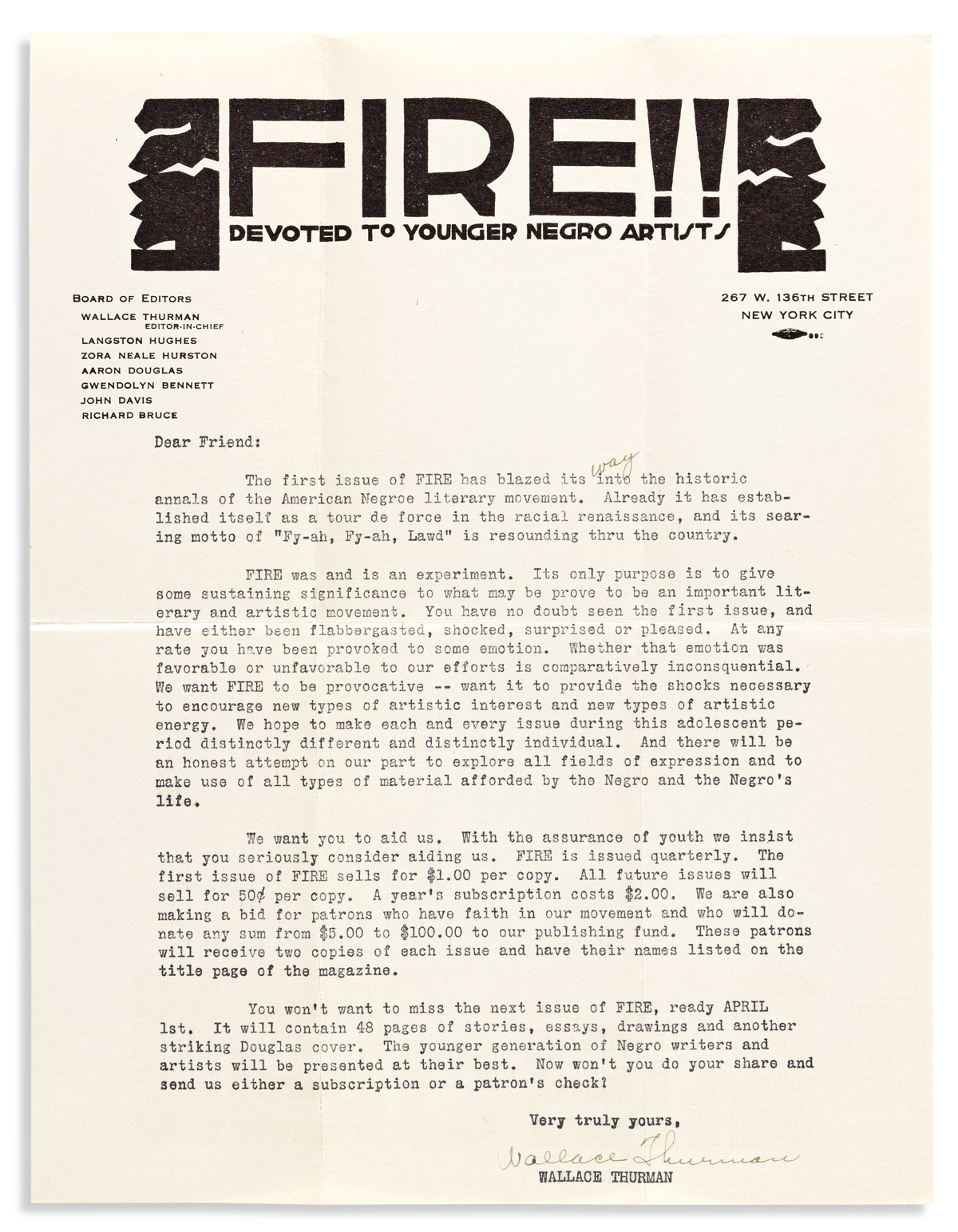 (LITERATURE.) Wallace Thurman. Letter promoting (and defending) his literary journal Fire!!